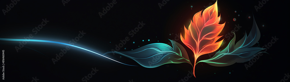 A glowing blue and green leaf intertwines with a fiery red leaf, set against a dark background. A glowing blue and green leaf intertwines with a fiery red leaf, set against a dark background.