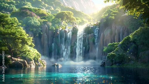 stunning waterfall landscape in majestic mountains, lush greenery. Seamless looping 4k time-lapse video animation background  photo