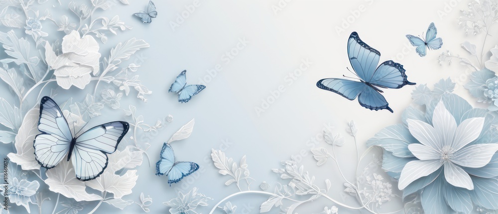 Butterflies flutter among morning blooms, creating a dreamy atmosphere. Depict frosty patterns on flowers and leaves with a cool palette. Background: soft, frosty blue with subtle snowflakes. Butterflies flutter among morning blooms, creating a dreamy atmosphere. Depict frosty patterns on flowers and leaves with a cool palette. Background: soft, frosty blue with subtle snowflakes.