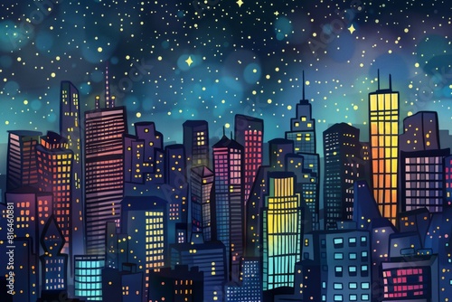 Cartoon cute doodles of a photorealistic city skyline at night, with glowing skyscrapers and twinkling stars, Generative AI