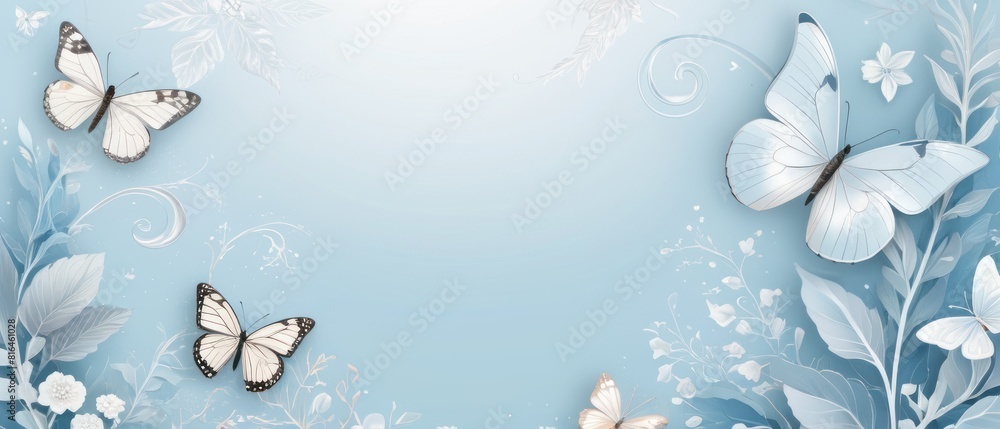 Butterflies flutter among morning blooms, creating a dreamy atmosphere. Depict frosty patterns on flowers and leaves with a cool palette. Background: soft, frosty blue with subtle snowflakes. Butterflies flutter among morning blooms, creating a dreamy atmosphere. Depict frosty patterns on flowers and leaves with a cool palette. Background: soft, frosty blue with subtle snowflakes.