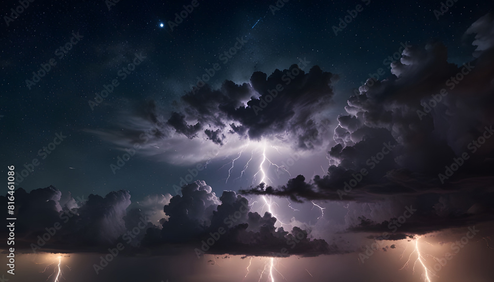 Naklejka premium Strong thunderstorms light up the night sky like volt lightning. Generative Ai