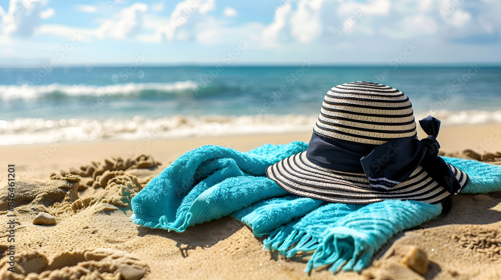 Blue towel with black and white striped sun hat on the sand at beach with ocean view Blue towel with black and white striped sun hat on the sand at beach with ocean view