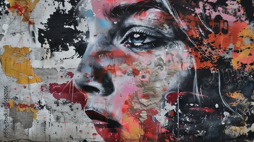 Grungy abstract colorful spray painted graffiti wallpaper on brick concrete building. Pop art of woman's face. Textured illustration in splashes of color.