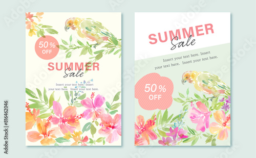Vector Illustration Set of Watercolor Painted Hibiscus and Parrots  Tropical Flowers for Summer Sale Advertisement Design Featuring Watercolor Painted Hibiscus and Parrots 