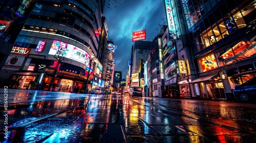 A city street at night with a lot of neon signs and a lot of rain