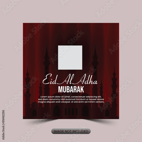 Eid al Adha Mubarak Islamic festival social media banner design , Islamic background with beautiful mosque, stars, moon Creative ads for social media , banner, poster, greeting card, generative ai