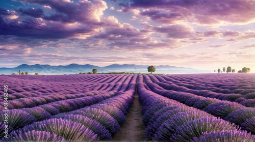 A scenic lavender field in Provence, France, with rows of purple flowers stretching into the distance.
