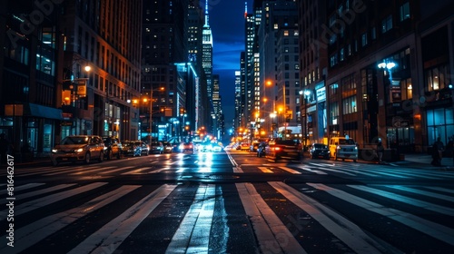 A city street at night with cars and buildings © dropideas