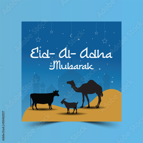 Eid al Adha Mubarak Islamic festival social media banner design , Islamic background with beautiful mosque, stars, moon Creative ads for social media , banner, poster, greeting card, generative ai
