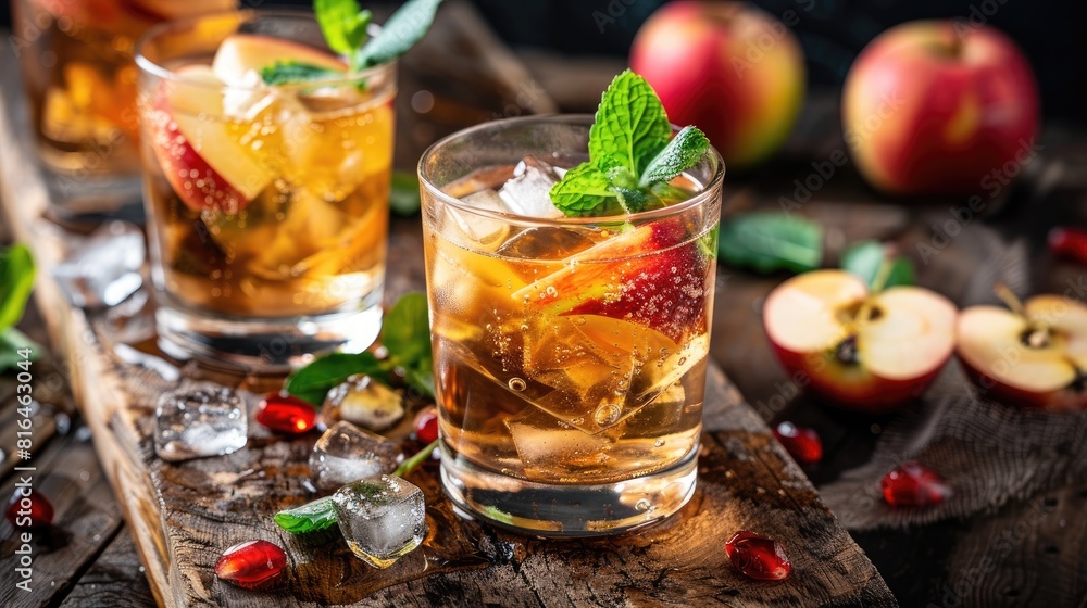 Close up image of glasses containing apple cider mint leaves and red apples on a dark wooden background Close up image of glasses containing apple cider mint leaves and red apples on a dark wooden background
