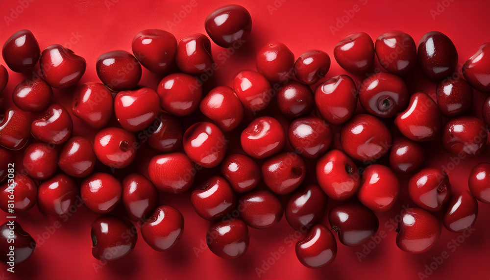 fresh cherries on red background, fruit pattern of cherries fresh cherries on red background, fruit pattern of cherries
