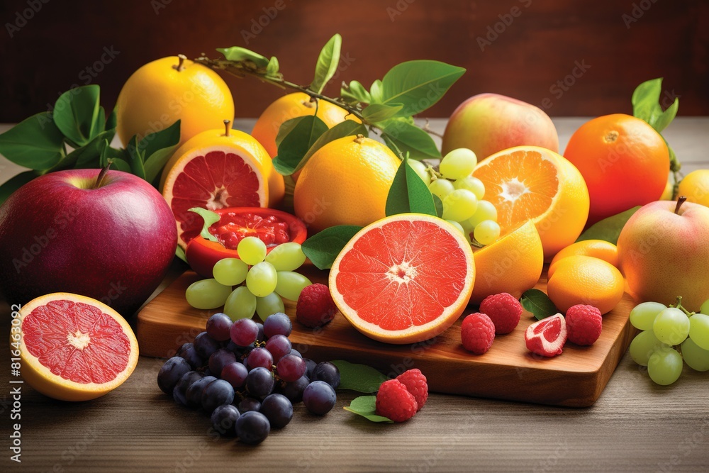 a bunch of fruits including one of which has a bunch of grapes and one of them has a red grapefruit. a bunch of fruits including one of which has a bunch of grapes and one of them has a red grapefruit.