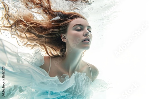 pretty young woman Ethereal underwater floating pose photo on white isolated background