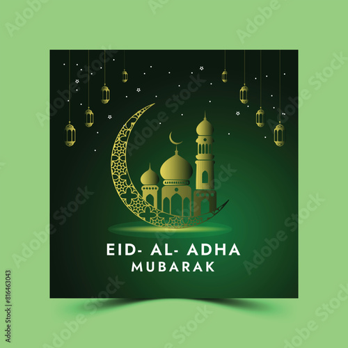 Eid al Adha Mubarak Islamic festival social media banner design , Islamic background with beautiful mosque, stars, moon Creative ads for social media , banner, poster, greeting card, generative ai