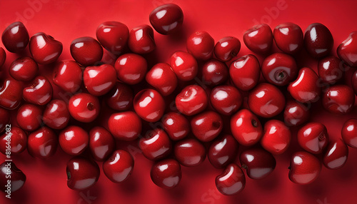 fresh cherries on red background  fruit pattern of cherries