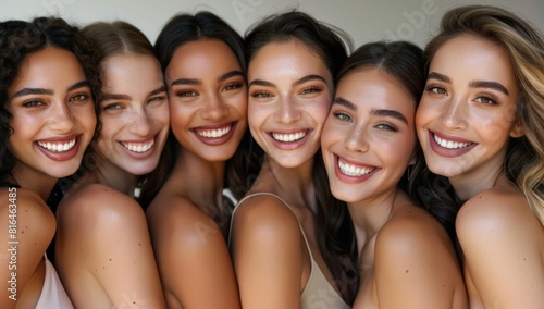 5 women of different ethnicities, ages and skin colors with beautiful smooth clear facial features centered around each other