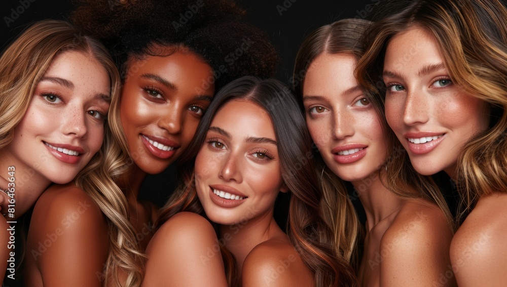 Fototapeta premium 5 women of different ethnicities, ages and skin colors with beautiful smooth clear facial features centered around each other