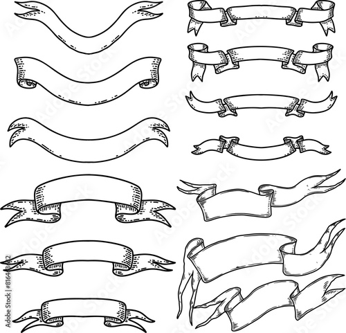 Set of hand drawn banners, flags, ribbons. Design element for banner, sign, poster, decoration. Vector illustration