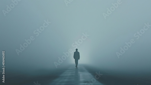 Man walking away on misty road   Generative AI