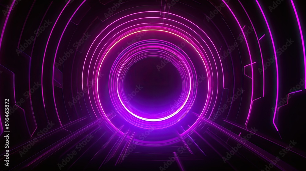 Abstract geometric background with glowing neon round shape. Violet laser ring inside the dark tunnel Abstract geometric background with glowing neon round shape. Violet laser ring inside the dark tunnel