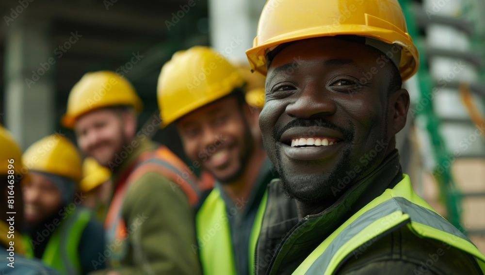 A group of smiling construction workers wearing yellow hard hats and green safety vests A group of smiling construction workers wearing yellow hard hats and green safety vests