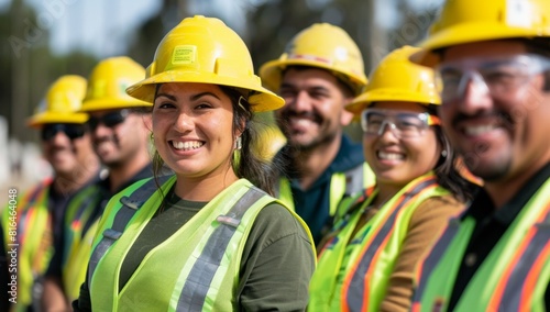 A group of smiling construction workers wearing yellow hard hats and green safety vests