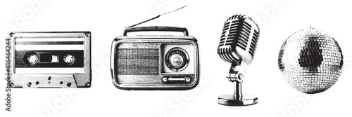retro radio, cassette, mic, disco ball stipple effect. design elements