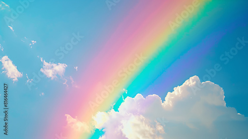 A rainbow shining across white clouds and clear blue sky background with copy space for text. Background design for the Pride month festival or a creativity idea.