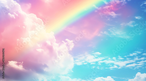 A rainbow shining across white clouds and clear blue sky background with copy space for text. Background design for the Pride month festival or a creativity idea.