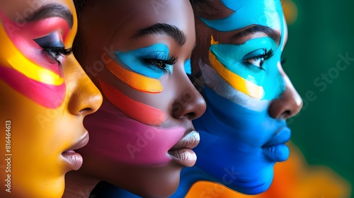 portrait of a woman with painted face in rainbow colours to celebrate pride and diversity, she stands next to a woman with eye makeup showing unity and love in the LGBTQIA community Celebrating Pride