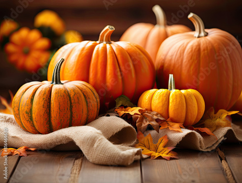 A Harvest Display of Pumpkins on a Rustic Wooden Table