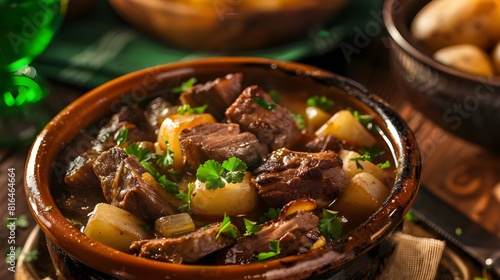 Irish stew made with beef potatoes and herbs .Traditional Irish Stew with Tender Beef and Veggies. Hearty Beef and Potato Stew with Fresh Herbs