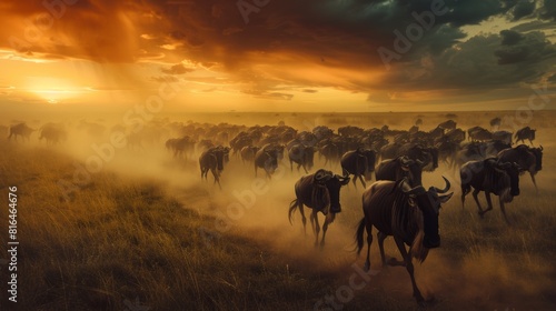 A vast herd of wildebeest migrating across the Serengeti, kicking up a thick cloud of dust as they traverse the open plains. The scene captures the intensity and urgency of their movement. Created