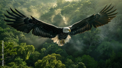 A majestic bald eagle, wings spread wide, soaring high above a dense, lush forest. Its sharp eyes focused downward, scanning the landscape below. Rich greenery and a hint of mist in the air. Created photo