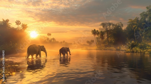 A panoramic view of elephants crossing a river at dawn, mist swirling around their legs. The scene includes a rich, vibrant backdrop of tropical vegetation, with the sun just peeking over the