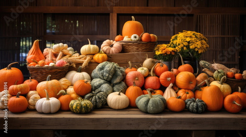 A Festive Autumn Table Decorated with an Abundance of Pumpkins and Gourds