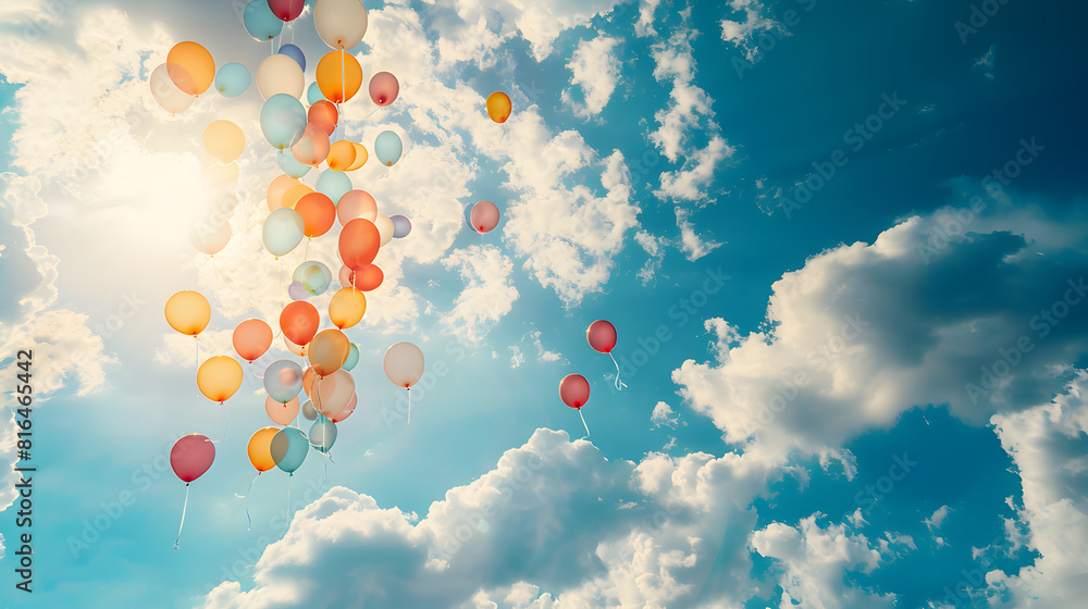 Colorful balloons flying in the sky with sunlight and clouds, birthday party concept background, copy space for text or design, summer vacation concept