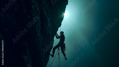 Silhouette of man climbing rock with rope   Generative AI