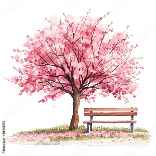 watercolor hand drawn pink cherry tree and bench isolated on transparent background.