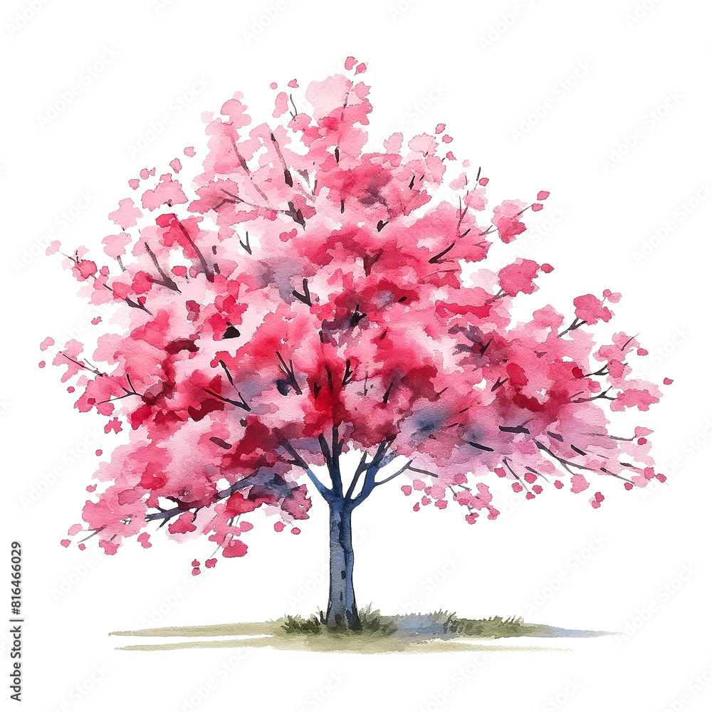 watercolor hand drawn pink cherry tree and bench isolated on transparent background.