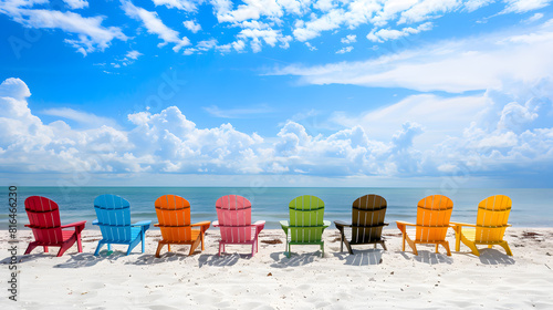 Colorful beach chairs on the white sand at the ocean on a sunny day. A beautiful summer vacation background in the style of copy space for text or design