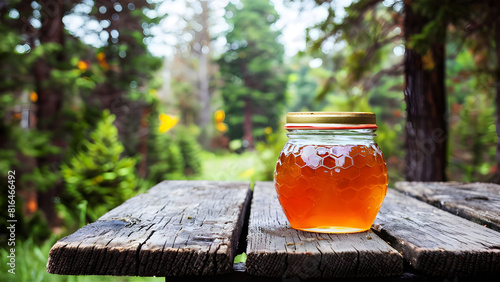 honey in transparent jar on wooden old table against forest, banner with negative copy space