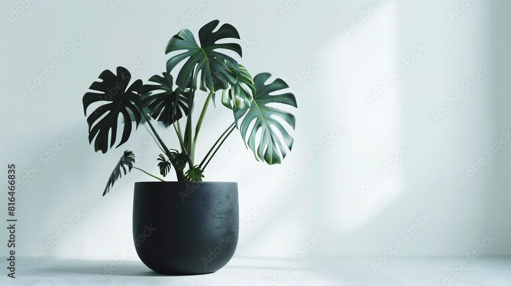 Chic Contrast: Black pot with Monstera against serene white backdrop creates stylish harmony. Chic Contrast: Black pot with Monstera against serene white backdrop creates stylish harmony.