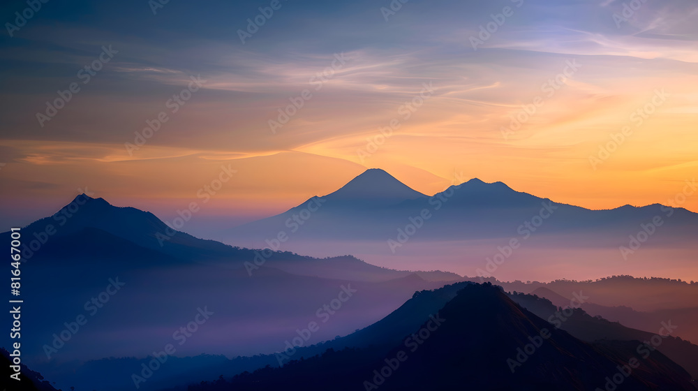 Mountain Silhouettes at Sunset Sky at Prau Mountain Indonesia : Generative AI Mountain Silhouettes at Sunset Sky at Prau Mountain Indonesia : Generative AI