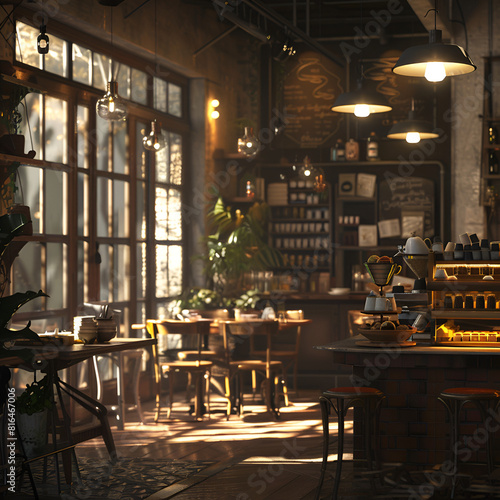 Design ideas for a cafe or fast food store, cuisine, drinks, restaurant, cafe, tables, chairs, lights, windows, sunlight, service counters, coffee machines, interior, ideas, design, AI-generated.