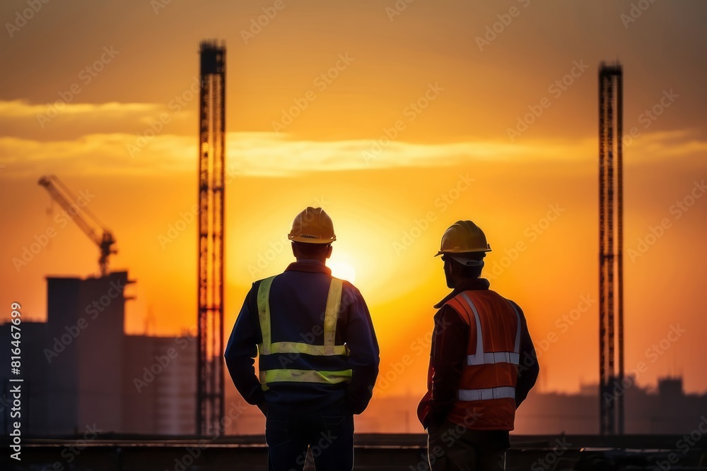silhouette of worker engineer at construction building site at sunset