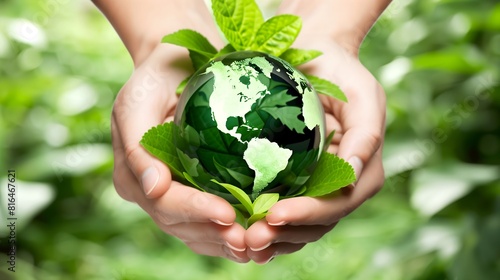 a green Earth gently supported by human hands, symbolizing our commitment to environmental preservation, eco-friendly practices and raising awareness about the importance of conservation efforts