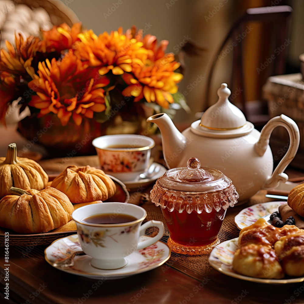 A Festive Thanksgiving Table Set With Delicious Food and Warm Tea A Festive Thanksgiving Table Set With Delicious Food and Warm Tea