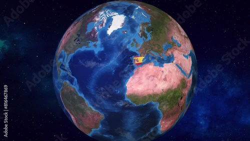 Realistic 3D Animation of Earth zooming in to  Spain with its border highlighted with its National Flag in 4K